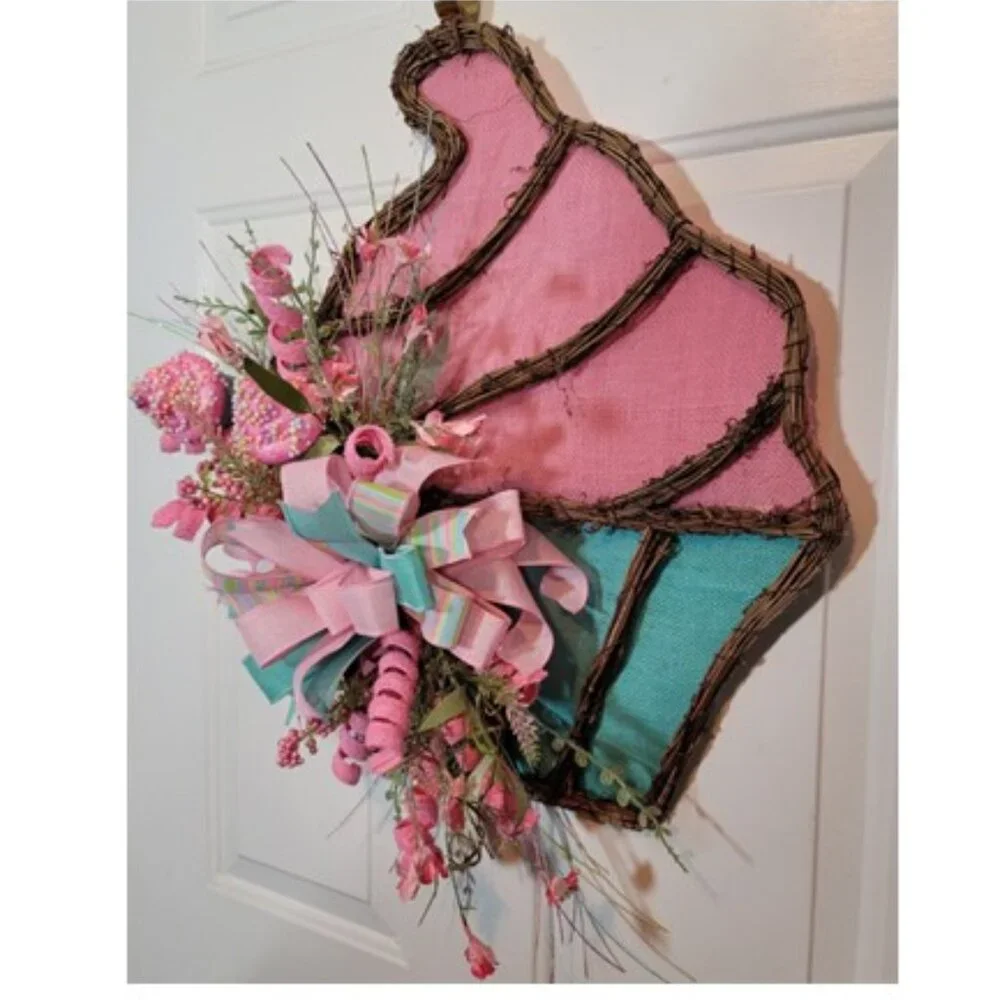 Cupcake Wreath, Pink Blue Birthday Cupcake Front Door Wreath, Hand Crafted